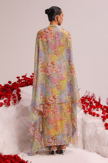 Shop_Label Moni K_Multi Color Net, Georgette Embroidery, Applique Abstract Print Cape And Skirt Set _at_Aza_Fashions