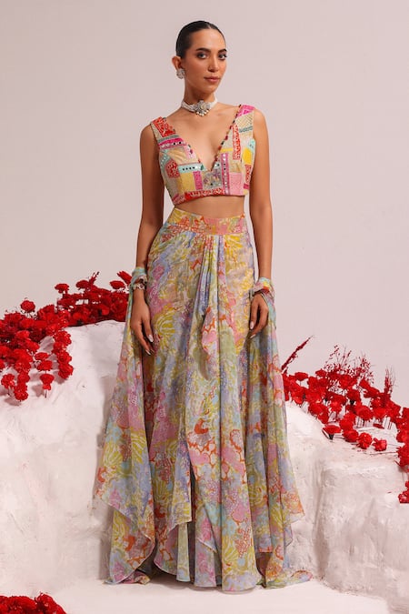 Label Moni K_Multi Color Net, Georgette Embroidery, Applique Abstract Print Cape And Skirt Set _Online_at_Aza_Fashions