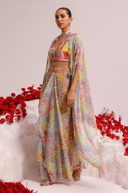 Buy_Label Moni K_Multi Color Net, Georgette Embroidery, Applique Abstract Print Cape And Skirt Set _Online_at_Aza_Fashions