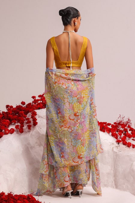 Shop_Label Moni K_Multi Color Net, Georgette Embroidery, Applique Abstract Print Cape And Skirt Set _Online_at_Aza_Fashions