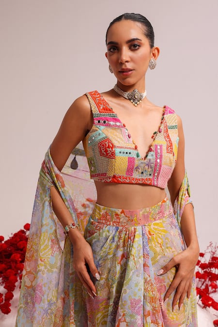 Label Moni K_Multi Color Net, Georgette Embroidery, Applique Abstract Print Cape And Skirt Set _at_Aza_Fashions