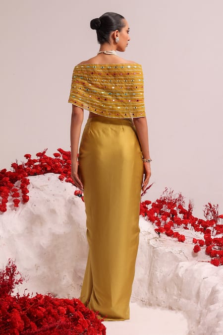 Label Moni K Yellow Georgette, Organza Embroidery, Applique, Floral Wrap Top And Skirt Online at Aza Fashions Label Moni K_Yellow Georgette, Organza Embroidery, Applique, Floral Wrap Top And Skirt _Online_at_Aza_Fashions