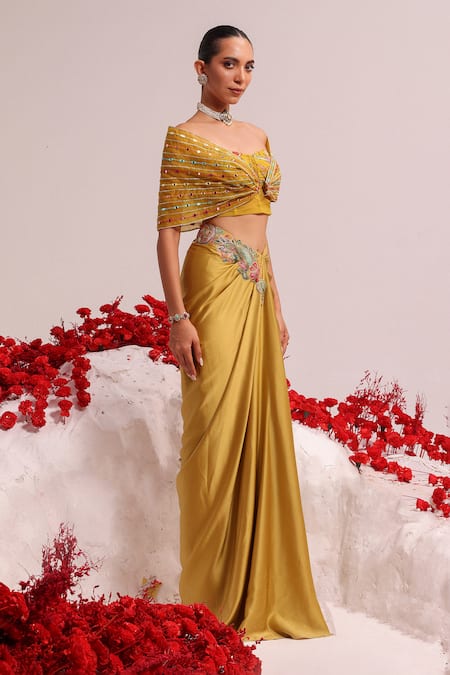 Buy Label Moni K Yellow Georgette, Organza Embroidery, Applique, Floral Wrap Top And Skirt Online at Aza Fashions Buy_Label Moni K_Yellow Georgette, Organza Embroidery, Applique, Floral Wrap Top And Skirt _Online_at_Aza_Fashions