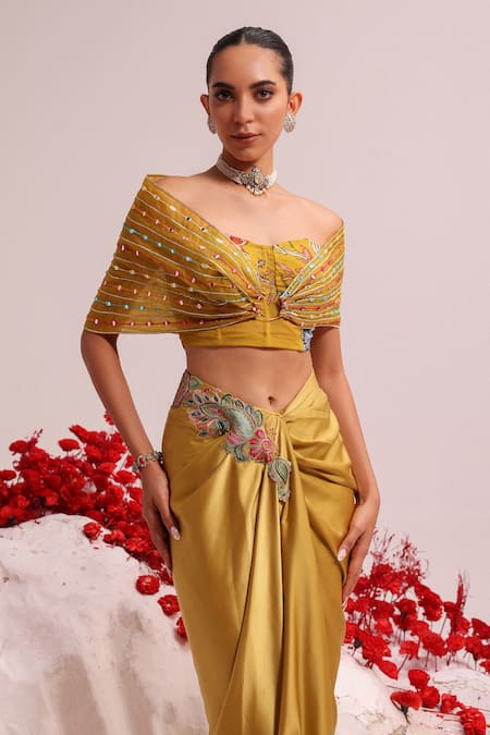 Shop Label Moni K Yellow Georgette, Organza Embroidery, Applique, Floral Wrap Top And Skirt Online at Aza Fashions Shop_Label Moni K_Yellow Georgette, Organza Embroidery, Applique, Floral Wrap Top And Skirt _Online_at_Aza_Fashions
