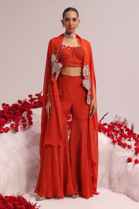 Label Moni K Orange Georgette, Organza Embroidery, Sequins Floral Applique Cape Sharara Set Online at Aza Fashions Label Moni K_Orange Georgette, Organza Embroidery, Sequins Floral Applique Cape Sharara Set _Online_at_Aza_Fashions