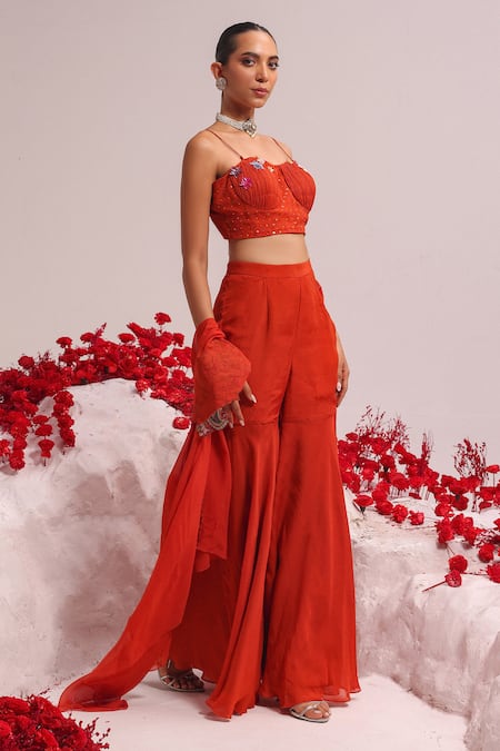 Buy Label Moni K Orange Georgette, Organza Embroidery, Sequins Floral Applique Cape Sharara Set Online at Aza Fashions Buy_Label Moni K_Orange Georgette, Organza Embroidery, Sequins Floral Applique Cape Sharara Set _Online_at_Aza_Fashions