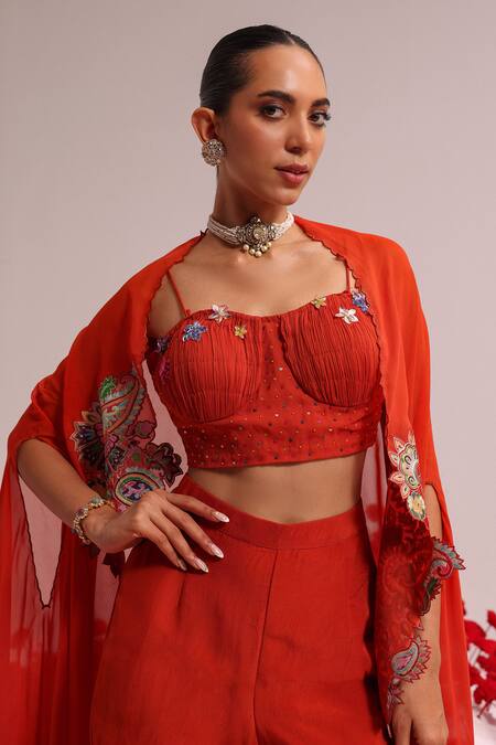 Shop Label Moni K Orange Georgette, Organza Embroidery, Sequins Floral Applique Cape Sharara Set Online at Aza Fashions Shop_Label Moni K_Orange Georgette, Organza Embroidery, Sequins Floral Applique Cape Sharara Set _Online_at_Aza_Fashions