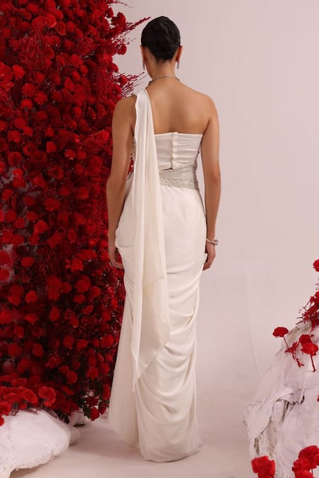 Shop Label Moni K Ivory Organza, Satin Pearls, Embroidery Pre-draped Saree With Corset Blouse at Aza Fashions Shop_Label Moni K_Ivory Organza, Satin Pearls, Embroidery Pre-draped Saree With Corset Blouse _at_Aza_Fashions