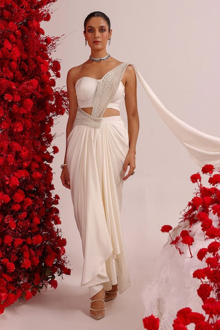 Buy Label Moni K Ivory Organza, Satin Pearls, Embroidery Pre-draped Saree With Corset Blouse Online at Aza Fashions Buy_Label Moni K_Ivory Organza, Satin Pearls, Embroidery Pre-draped Saree With Corset Blouse _Online_at_Aza_Fashions