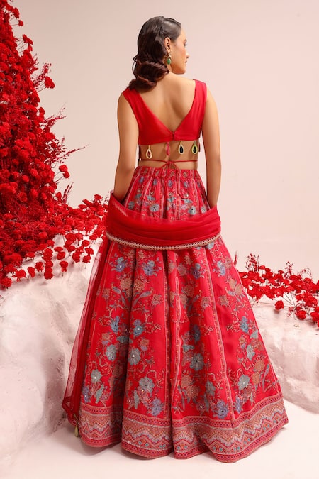 Shop Label Moni K Fuchsia Organza Tassels V-neck Floral Print Lehenga Set at Aza Fashions Shop_Label Moni K_Fuchsia Organza Tassels V-neck Floral Print Lehenga Set_at_Aza_Fashions