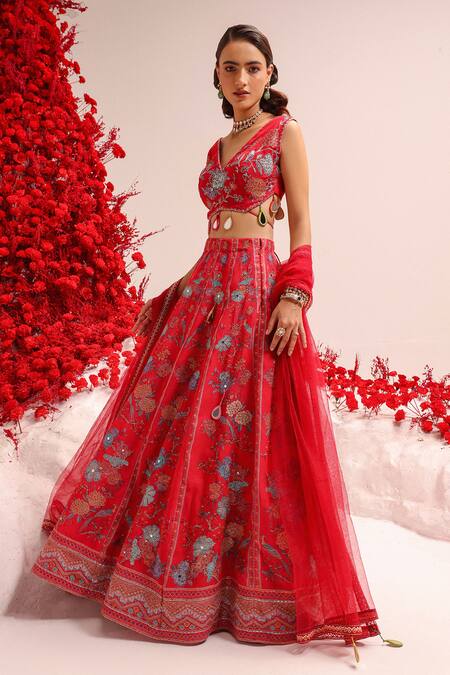 Label Moni K Fuchsia Organza Tassels V-neck Floral Print Lehenga Set Online at Aza Fashions Label Moni K_Fuchsia Organza Tassels V-neck Floral Print Lehenga Set_Online_at_Aza_Fashions