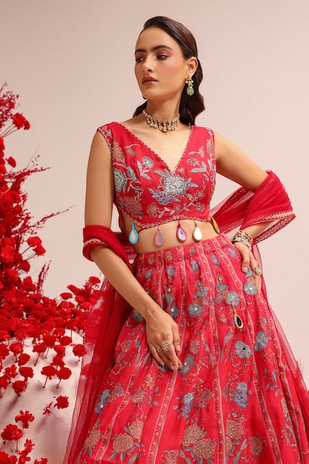 Buy Label Moni K Fuchsia Organza Tassels V-neck Floral Print Lehenga Set Online at Aza Fashions Buy_Label Moni K_Fuchsia Organza Tassels V-neck Floral Print Lehenga Set_Online_at_Aza_Fashions