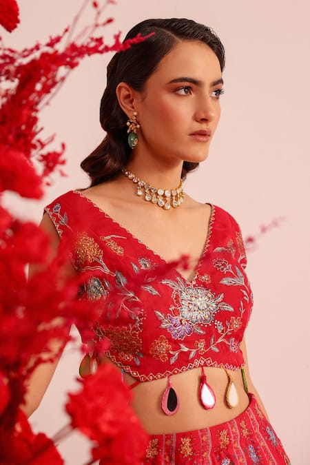 Shop Label Moni K Fuchsia Organza Tassels V-neck Floral Print Lehenga Set Online at Aza Fashions Shop_Label Moni K_Fuchsia Organza Tassels V-neck Floral Print Lehenga Set_Online_at_Aza_Fashions