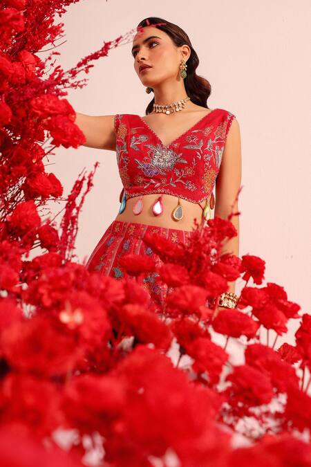 Label Moni K Fuchsia Organza Tassels V-neck Floral Print Lehenga Set at Aza Fashions Label Moni K_Fuchsia Organza Tassels V-neck Floral Print Lehenga Set_at_Aza_Fashions