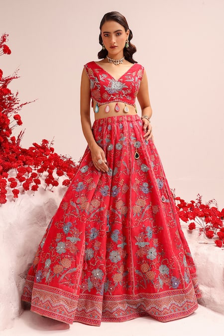 Buy Label Moni K Fuchsia Organza Tassels V-neck Floral Print Lehenga Set Buy_Label Moni K_Fuchsia Organza Tassels V-neck Floral Print Lehenga Set