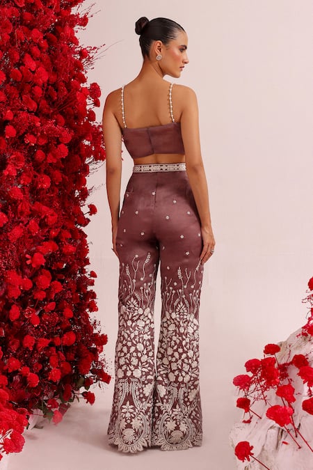 Shop Label Moni K Purple Organza Embroidery Sweetheart Neck Floral Top And Pant Set at Aza Fashions Shop_Label Moni K_Purple Organza Embroidery Sweetheart Neck Floral Top And Pant Set _at_Aza_Fashions