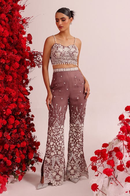 Label Moni K Purple Organza Embroidery Sweetheart Neck Floral Top And Pant Set Online at Aza Fashions Label Moni K_Purple Organza Embroidery Sweetheart Neck Floral Top And Pant Set _Online_at_Aza_Fashions