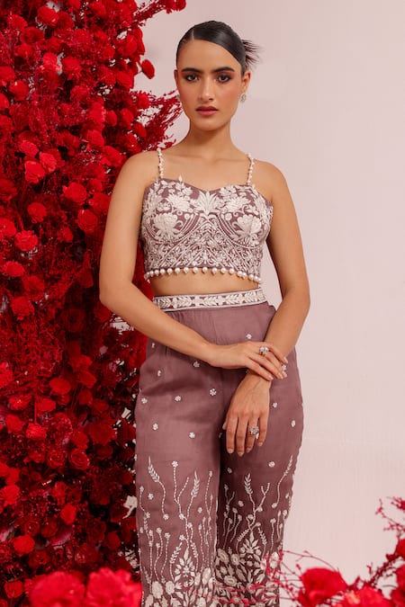 Buy Label Moni K Purple Organza Embroidery Sweetheart Neck Floral Top And Pant Set Online at Aza Fashions Buy_Label Moni K_Purple Organza Embroidery Sweetheart Neck Floral Top And Pant Set _Online_at_Aza_Fashions