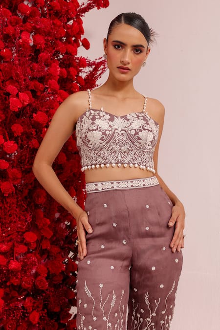 Shop Label Moni K Purple Organza Embroidery Sweetheart Neck Floral Top And Pant Set Online at Aza Fashions Shop_Label Moni K_Purple Organza Embroidery Sweetheart Neck Floral Top And Pant Set _Online_at_Aza_Fashions