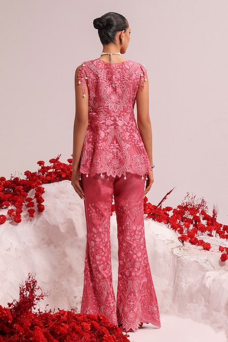 Shop Label Moni K Pink Organza Embroidery, Pearls V-neck Candy Floral Resham Peplum Set at Aza Fashions Shop_Label Moni K_Pink Organza Embroidery, Pearls V-neck Candy Floral Resham Peplum Set _at_Aza_Fashions