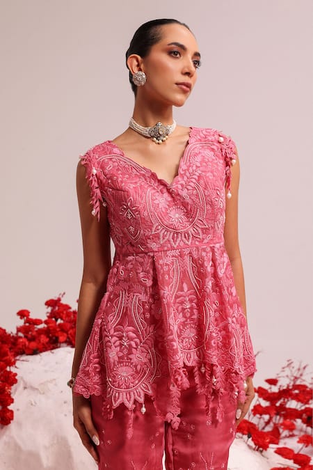 Buy Label Moni K Pink Organza Embroidery, Pearls V-neck Candy Floral Resham Peplum Set Online at Aza Fashions Buy_Label Moni K_Pink Organza Embroidery, Pearls V-neck Candy Floral Resham Peplum Set _Online_at_Aza_Fashions