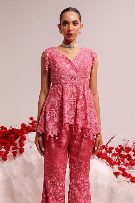 Shop Label Moni K Pink Organza Embroidery, Pearls V-neck Candy Floral Resham Peplum Set Online at Aza Fashions Shop_Label Moni K_Pink Organza Embroidery, Pearls V-neck Candy Floral Resham Peplum Set _Online_at_Aza_Fashions