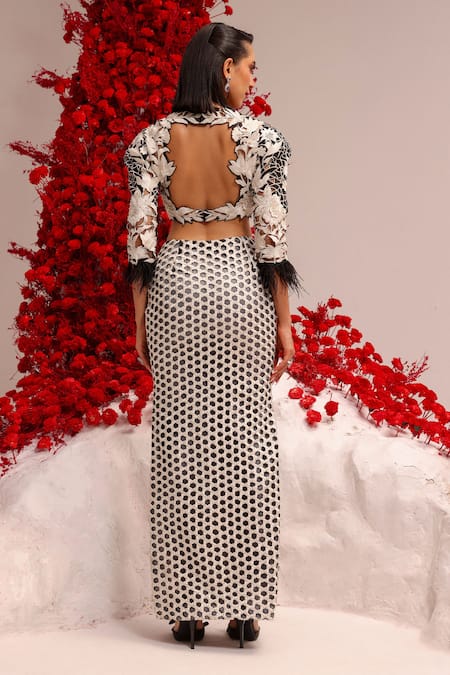 Shop Label Moni K Black Net Cut Work, Embroidery Round Floral Cutwork Top And Honeycomb Skirt Set at Aza Fashions Shop_Label Moni K_Black Net Cut Work, Embroidery Round Floral Cutwork Top And Honeycomb Skirt Set _at_Aza_Fashions