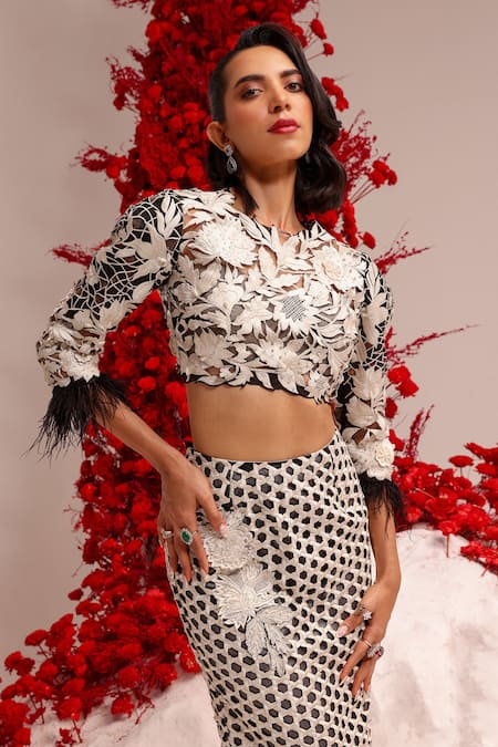 Buy Label Moni K Black Net Cut Work, Embroidery Round Floral Cutwork Top And Honeycomb Skirt Set Online at Aza Fashions Buy_Label Moni K_Black Net Cut Work, Embroidery Round Floral Cutwork Top And Honeycomb Skirt Set _Online_at_Aza_Fashions