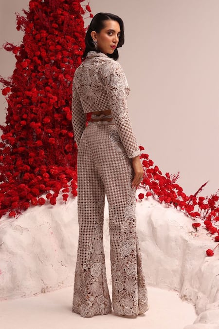 Shop Label Moni K Beige Organza Cut Work, Embroidery Collared Floral Jacket And Pant Set at Aza Fashions Shop_Label Moni K_Beige Organza Cut Work, Embroidery Collared Floral Jacket And Pant Set _at_Aza_Fashions