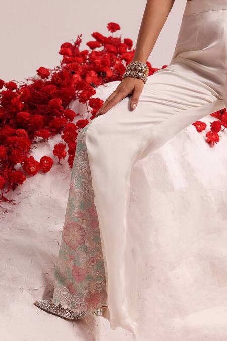 Label Moni K_Ivory Satin, Organza Embroidery V-neck Floral Waistcoat And Pant Set_Online_at_Aza_Fashions