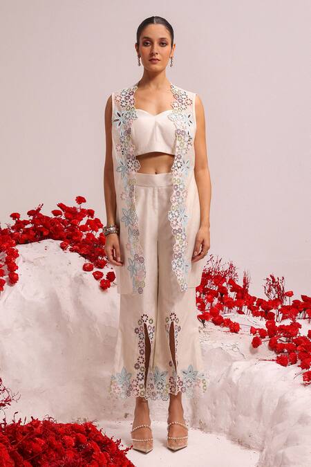 Label Moni K_Ivory Silk, Chanderi Embroidery Sweetheart Neck, Open Floral Jacket Pant Set_Online_at_Aza_Fashions
