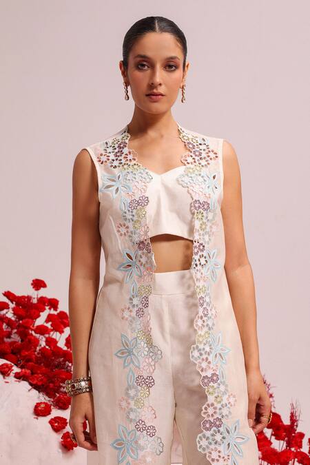 Buy_Label Moni K_Ivory Silk, Chanderi Embroidery Sweetheart Neck, Open Floral Jacket Pant Set_Online_at_Aza_Fashions