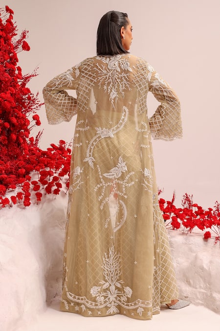 Shop Label Moni K Green Net Sequins, Embroidery, Pearls Mint Floral Jacket Sharara Set at Aza Fashions Shop_Label Moni K_Green Net Sequins, Embroidery, Pearls Mint Floral Jacket Sharara Set _at_Aza_Fashions