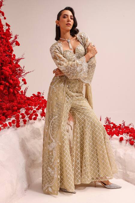 Buy Label Moni K Green Net Sequins, Embroidery, Pearls Mint Floral Jacket Sharara Set Online at Aza Fashions Buy_Label Moni K_Green Net Sequins, Embroidery, Pearls Mint Floral Jacket Sharara Set _Online_at_Aza_Fashions