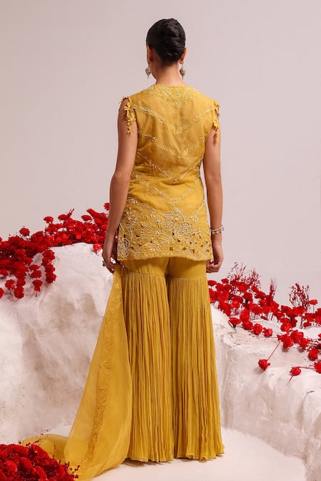 Shop Label Moni K Yellow Organza, Satin Embroidery V-neck Floral Tunic And Sharara Set at Aza Fashions Shop_Label Moni K_Yellow Organza, Satin Embroidery V-neck Floral Tunic And Sharara Set _at_Aza_Fashions