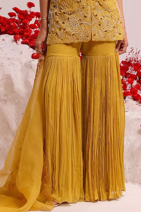 Label Moni K Yellow Organza, Satin Embroidery V-neck Floral Tunic And Sharara Set Online at Aza Fashions Label Moni K_Yellow Organza, Satin Embroidery V-neck Floral Tunic And Sharara Set _Online_at_Aza_Fashions