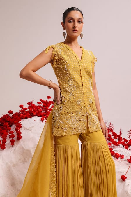 Buy Label Moni K Yellow Organza, Satin Embroidery V-neck Floral Tunic And Sharara Set Online at Aza Fashions Buy_Label Moni K_Yellow Organza, Satin Embroidery V-neck Floral Tunic And Sharara Set _Online_at_Aza_Fashions