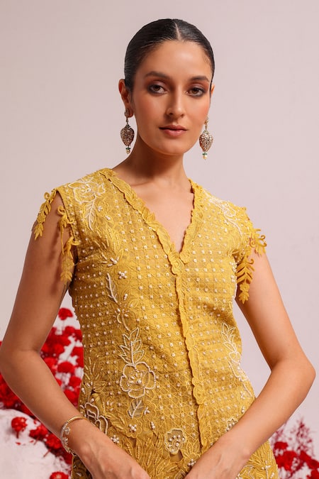 Shop Label Moni K Yellow Organza, Satin Embroidery V-neck Floral Tunic And Sharara Set Online at Aza Fashions Shop_Label Moni K_Yellow Organza, Satin Embroidery V-neck Floral Tunic And Sharara Set _Online_at_Aza_Fashions