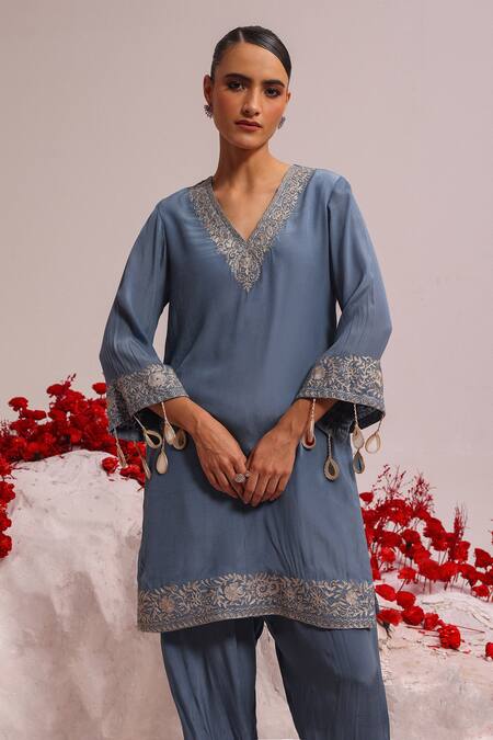 Shop Label Moni K Blue Crepe Tassels V-neck Floral Aari Embroidered Kurta Set Online at Aza Fashions Shop_Label Moni K_Blue Crepe Tassels V-neck Floral Aari Embroidered Kurta Set _Online_at_Aza_Fashions