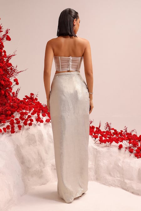Shop_Label Moni K_White Organza, Satin Pearls Sweetheart Embroidered Corset And Draped Skirt Set _at_Aza_Fashions
