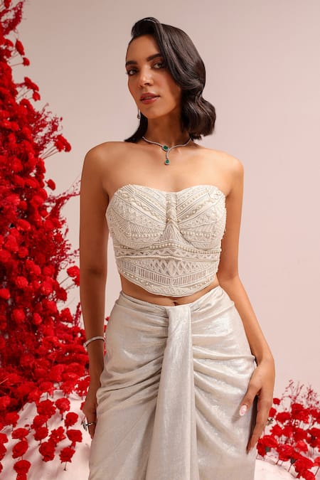 Label Moni K_White Organza, Satin Pearls Sweetheart Embroidered Corset And Draped Skirt Set _Online_at_Aza_Fashions