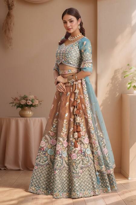 Buy_Samyukta Singhania_Blue Tissue, Net Sequins, Stones, Zari, Embroidery Boat Neck Ombre Lehenga Set_Online_at_Aza_Fashions