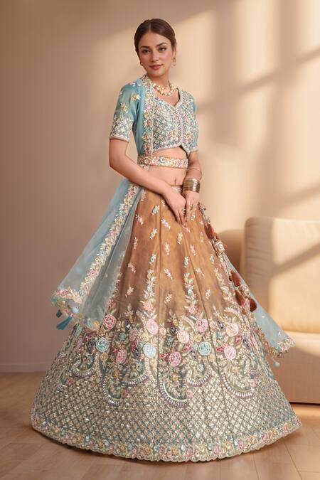Shop_Samyukta Singhania_Blue Tissue, Net Sequins, Stones, Zari, Embroidery Boat Neck Ombre Lehenga Set_Online_at_Aza_Fashions