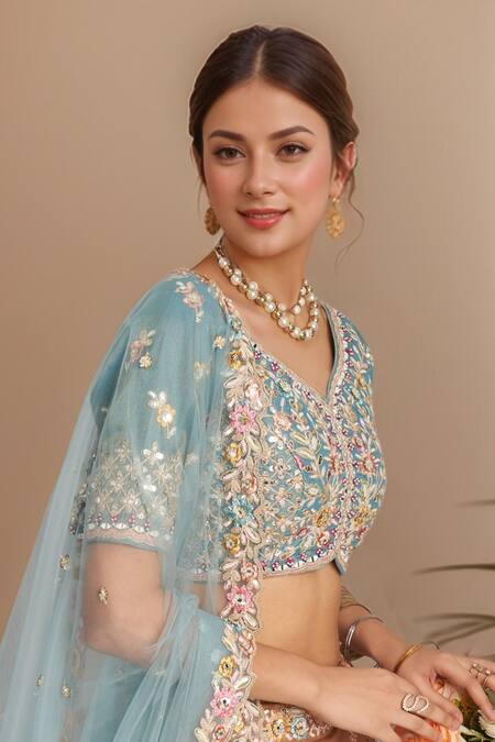 Samyukta Singhania_Blue Tissue, Net Sequins, Stones, Zari, Embroidery Boat Neck Ombre Lehenga Set_at_Aza_Fashions