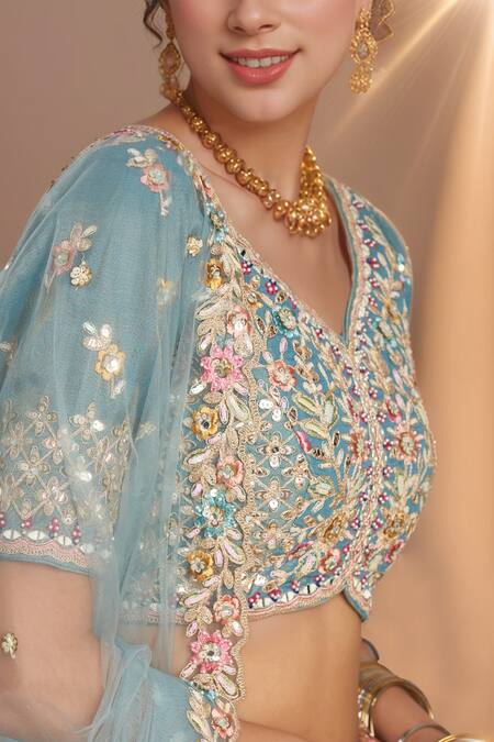 Buy_Samyukta Singhania_Blue Tissue, Net Sequins, Stones, Zari, Embroidery Boat Neck Ombre Lehenga Set