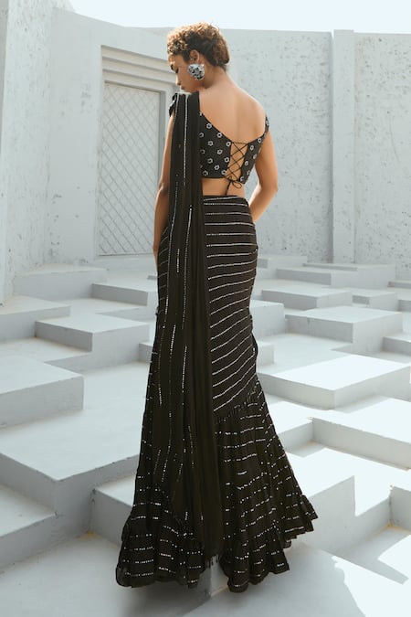 Chamee And Palak Black Sequin Embroidered Pre-Stitched Lehenga Saree 