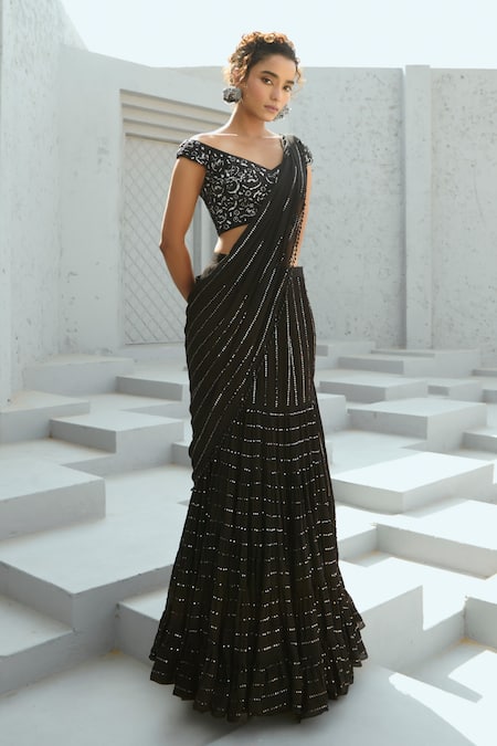 Shop_Chamee And Palak_Black Georgette, Silk Sequins, Beads, Embroidered Pre-stitched Lehenga Saree _Online_at_Aza_Fashions