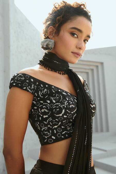 Shop_Chamee And Palak_Black Georgette, Silk Sequins, Beads, Embroidered Pre-stitched Lehenga Saree 