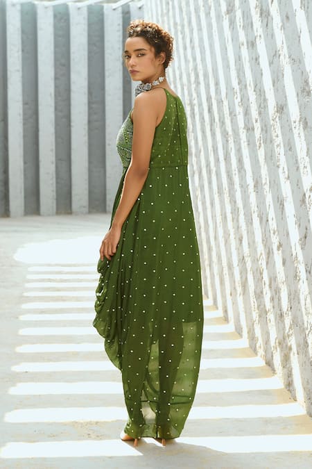 Chamee And Palak Green Georgette, Silk Stones, Beads Halter Neck Cowl Dress With Embellishments Online at Aza Fashions Chamee And Palak_Green Georgette, Silk Stones, Beads Halter Neck Cowl Dress With Embellishments _Online_at_Aza_Fashions