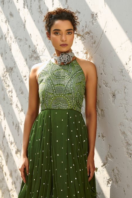 Buy Chamee And Palak Green Georgette, Silk Stones, Beads Halter Neck Cowl Dress With Embellishments Online at Aza Fashions Buy_Chamee And Palak_Green Georgette, Silk Stones, Beads Halter Neck Cowl Dress With Embellishments _Online_at_Aza_Fashions